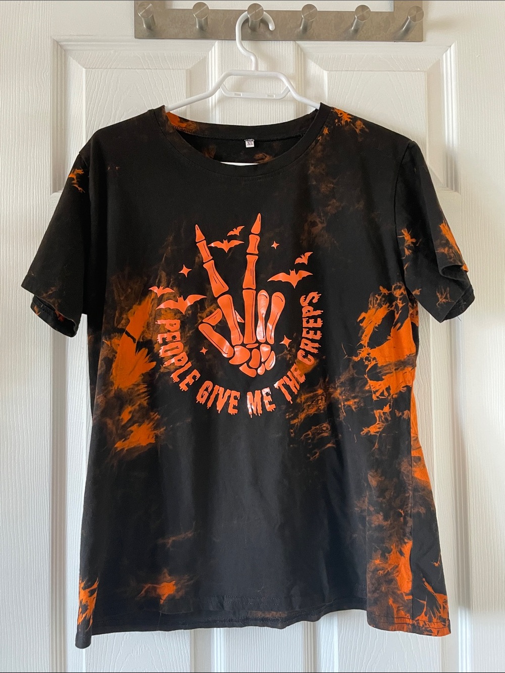Halloween bleach tie dye goth bats skeleton tee orange black